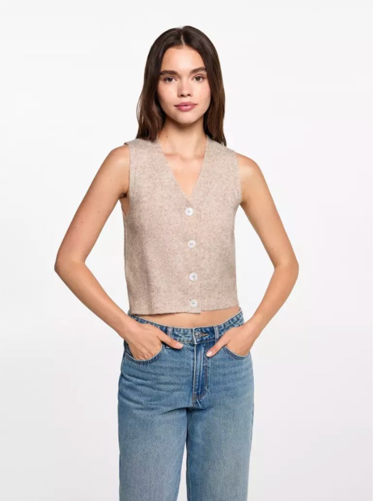 Mango Beige Button Front Sweater Vest V Neck Knit Size Small